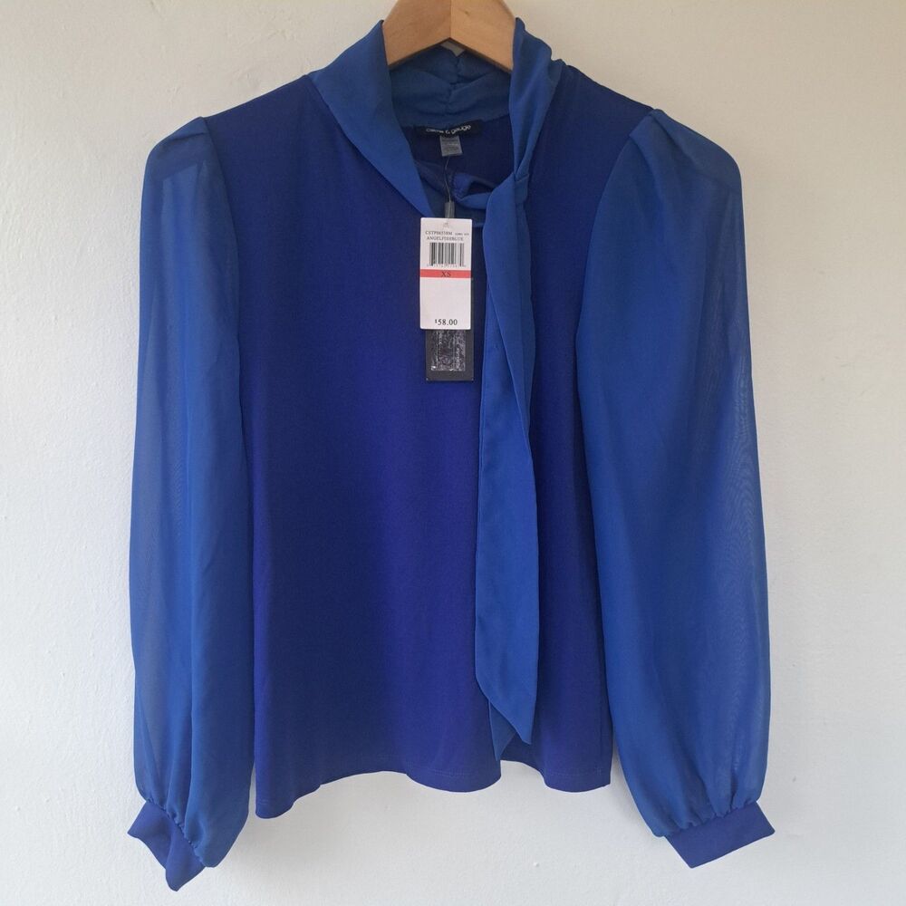 NEW Cable & Gauge XS Royal Blue Long Sleeve Shirt Blouse Top Womens Sheer Career